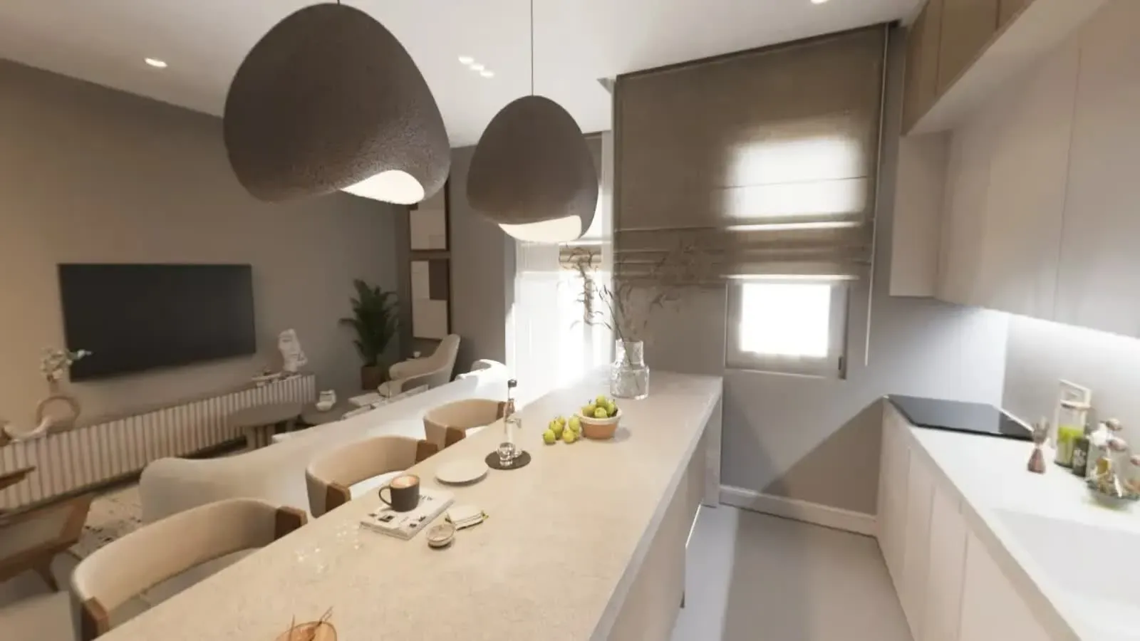 Cucina aperta sulla zona giorno, in una vista piatta ricavata da una foto 360