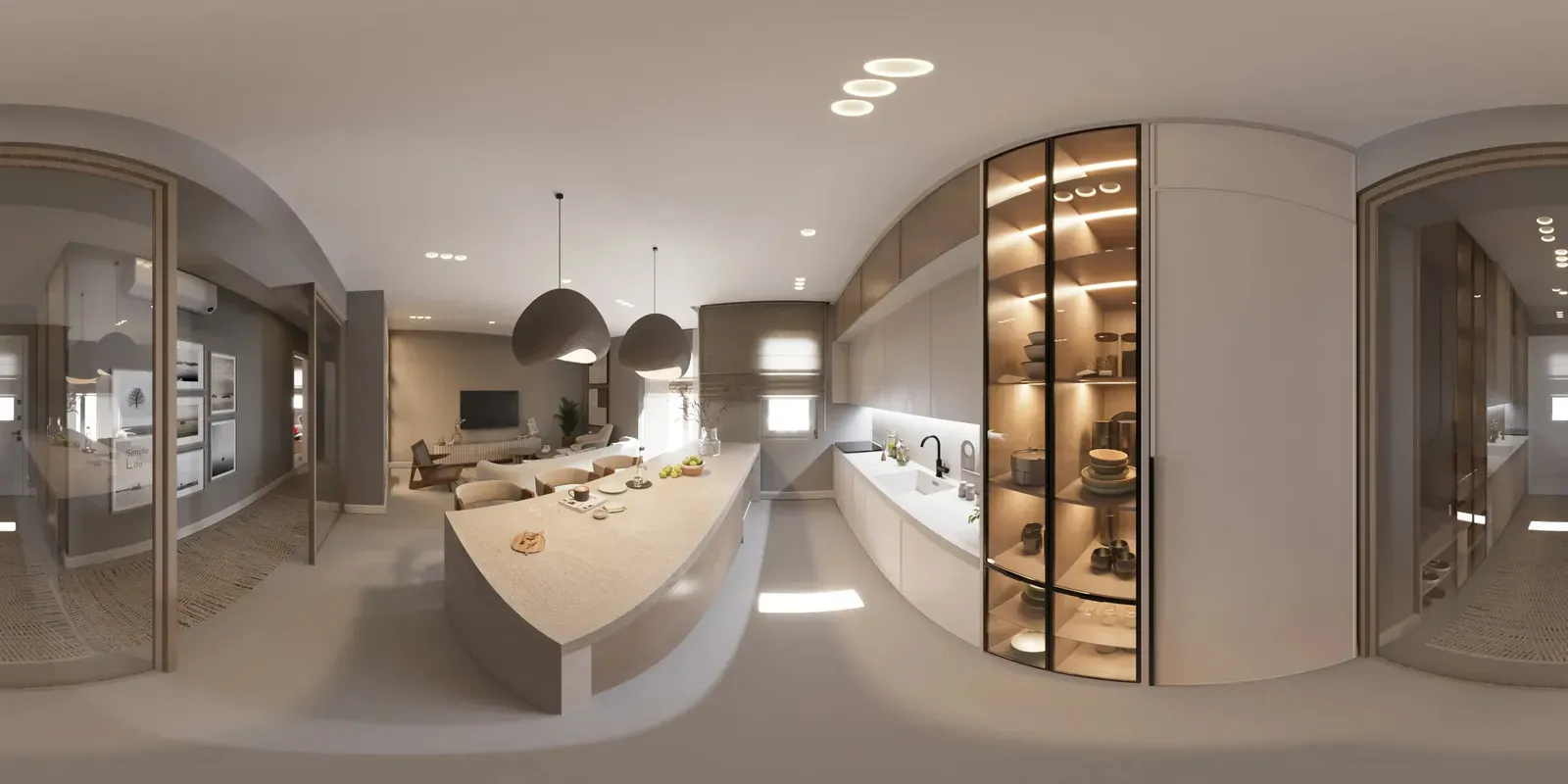 Una foto 360 intera di una cucina aperta sulla zona giorno, distesa in formato 2:1, con soffitto e pavimento allungati ai bordi